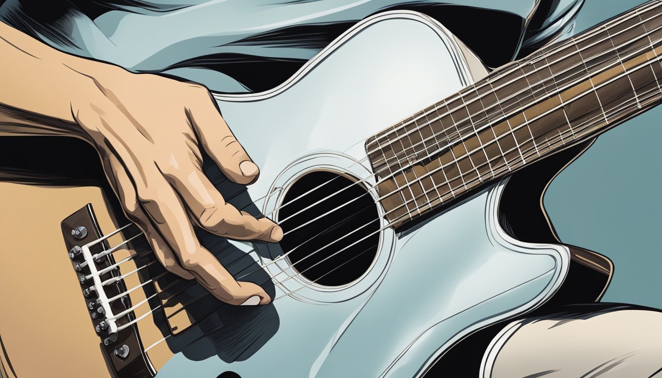 A close-up of a hand strumming a guitar, focusing on the movement and positioning of the fingers on the strings