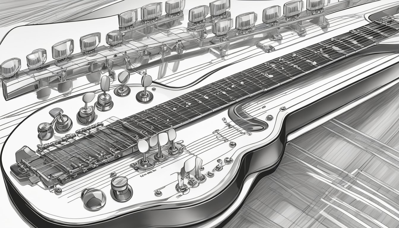 A guitar with six taut strings, running from the tuning pegs to the bridge, ready to be strummed