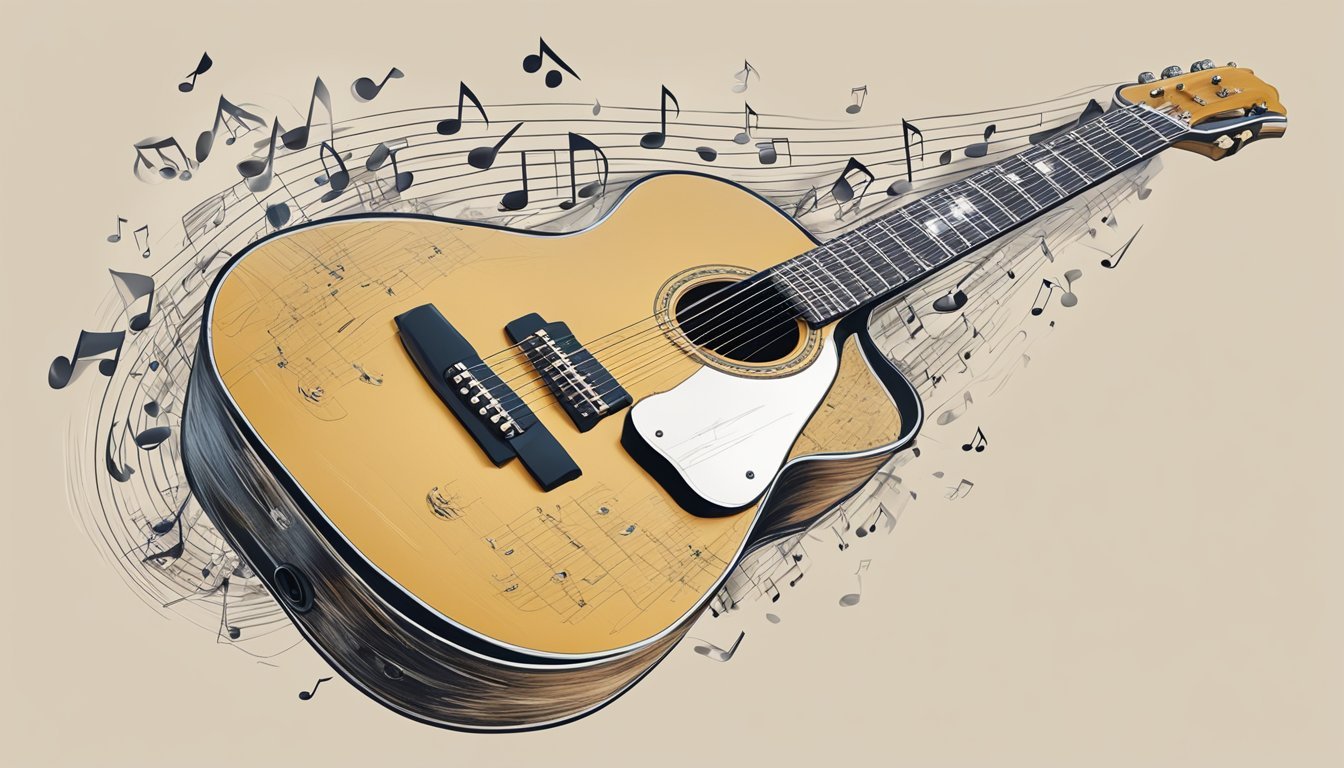 A guitar similar to the one Morgan Wallen plays, surrounded by musical notes and chords, with a melody flowing out of it