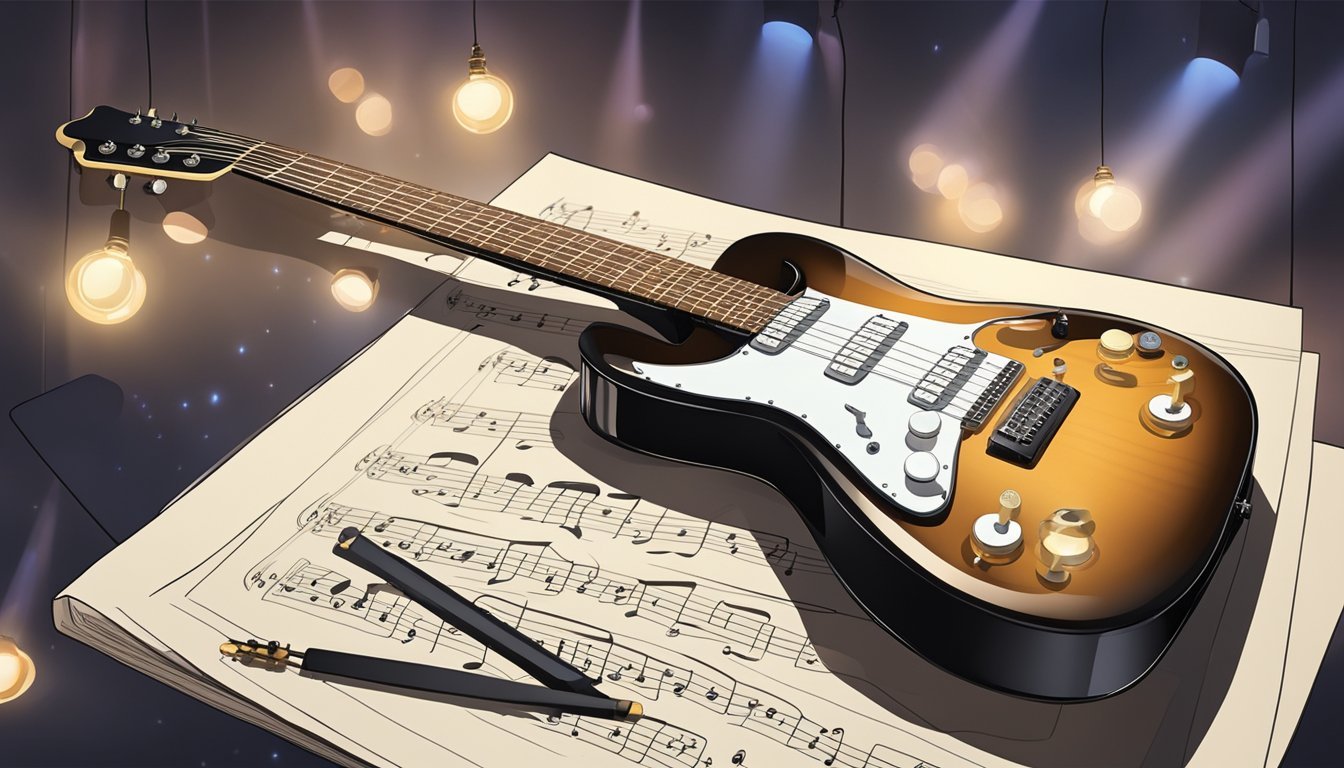 A guitar with taut strings, illuminated by stage lights, sits on a stand next to a music stand with sheet music