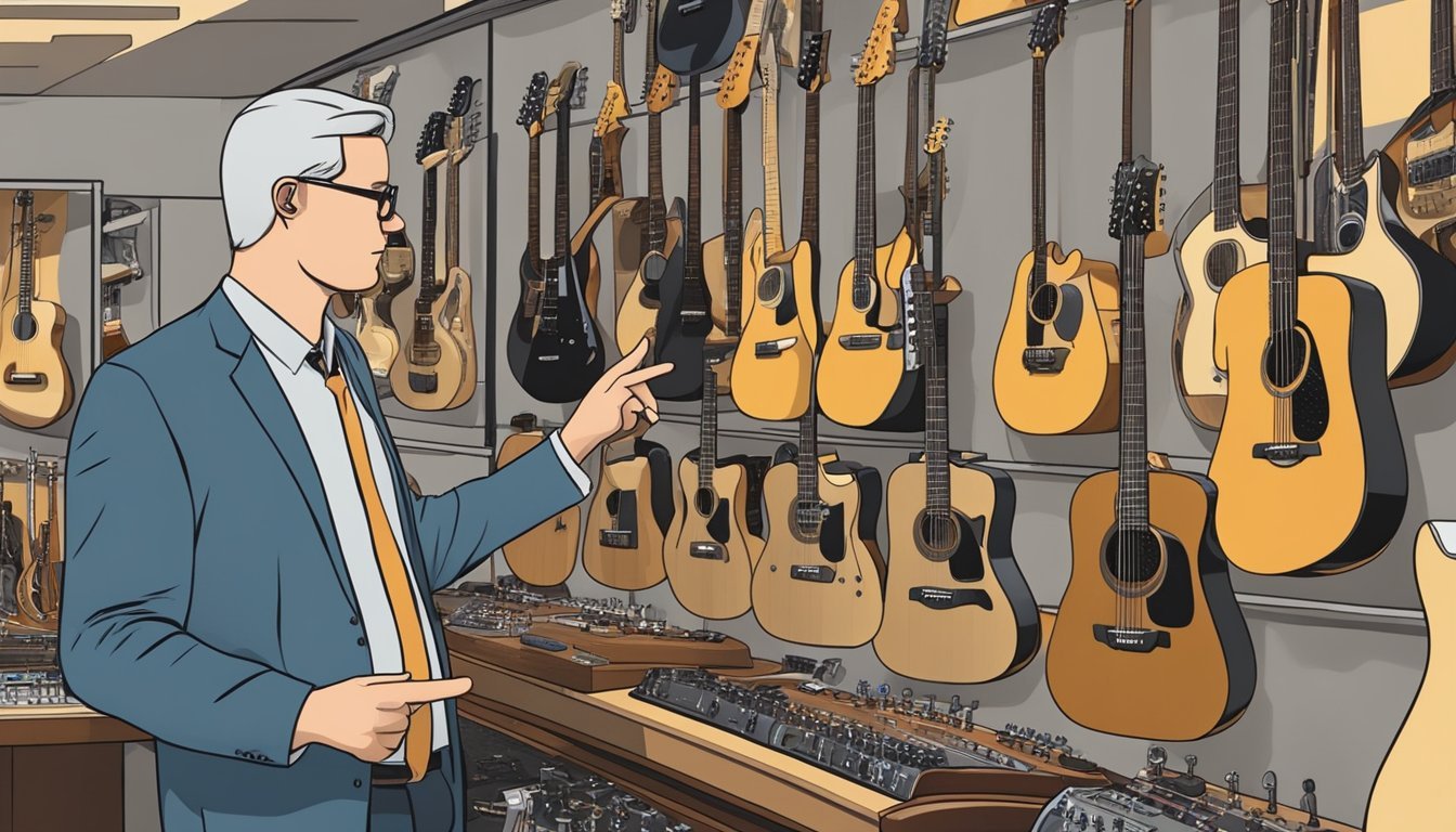 A person standing in front of a display of guitars, talking to a salesperson and pointing to different instruments