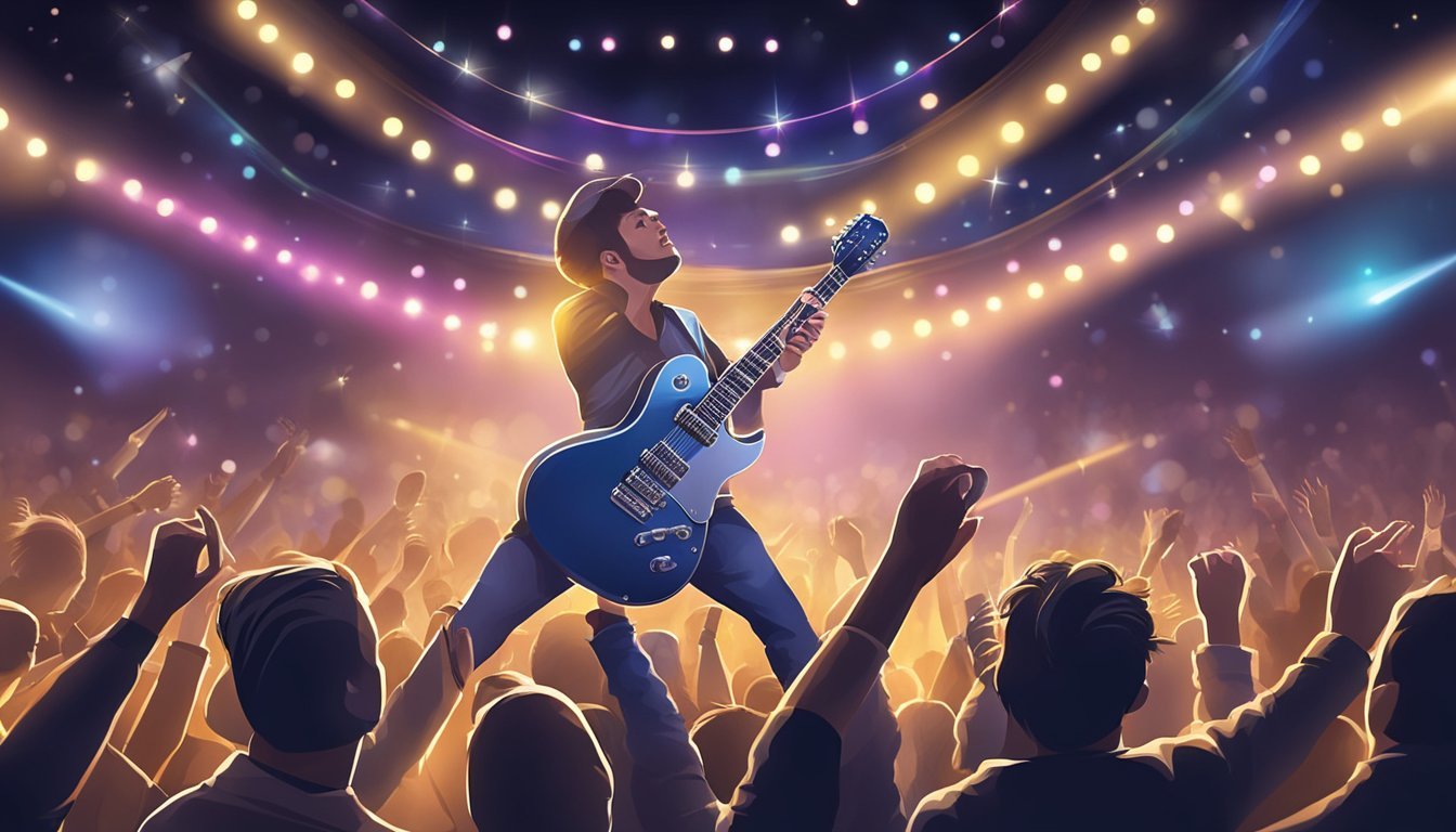 A guitar sitting on a stage surrounded by bright lights and a cheering crowd