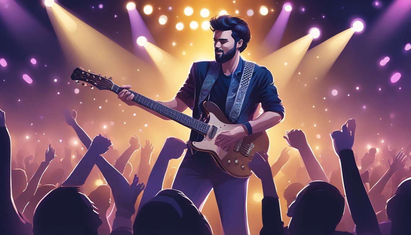 A guitarist center stage, surrounded by flashing lights and cheering fans