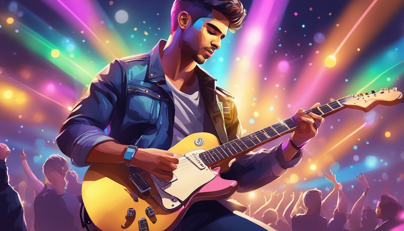 A guitarist performing on stage during the halftime show, surrounded by colorful lights and an enthusiastic audience