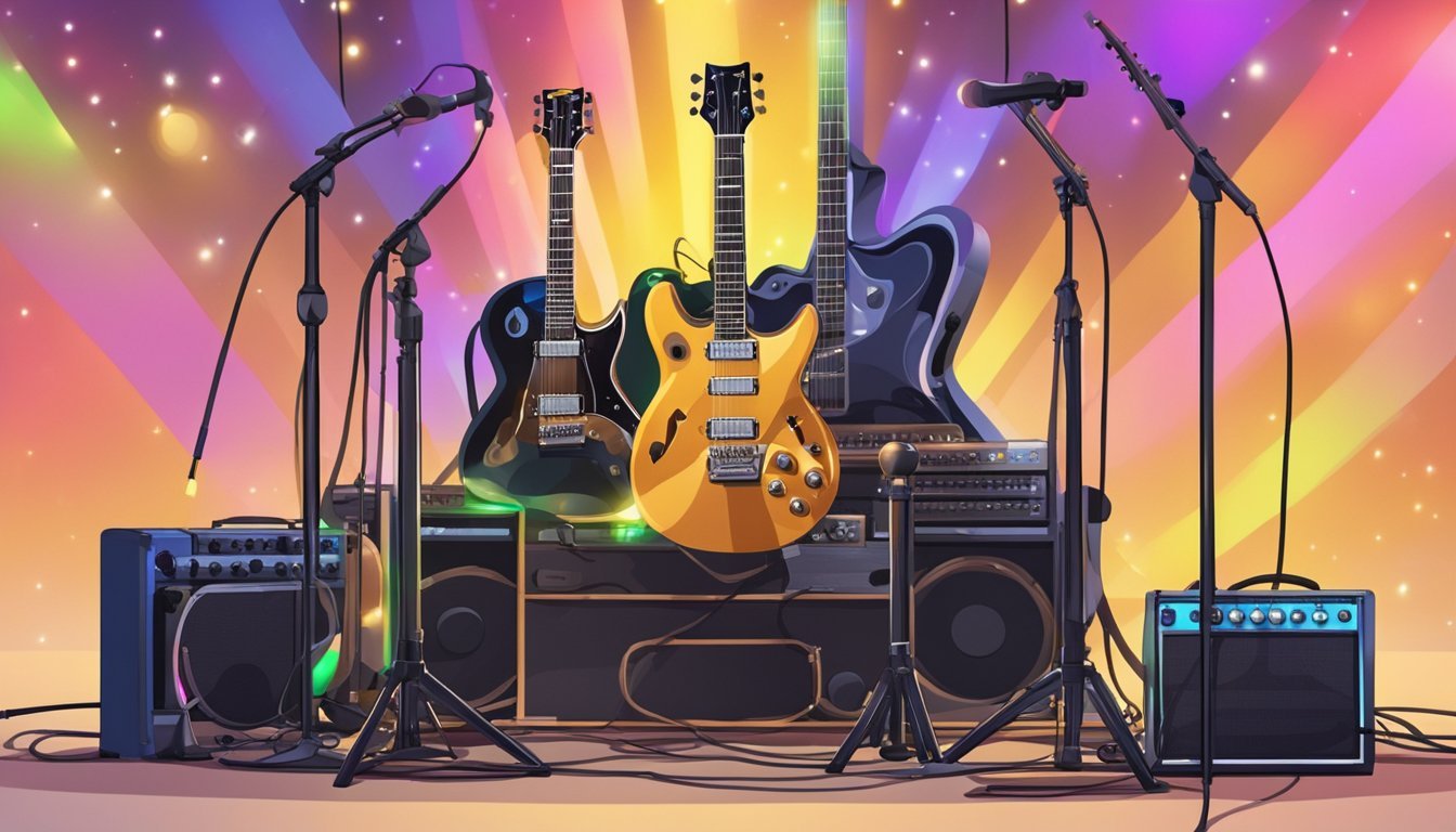 A guitar resting on a stand, illuminated by colorful stage lights, surrounded by amplifiers and other musical equipment