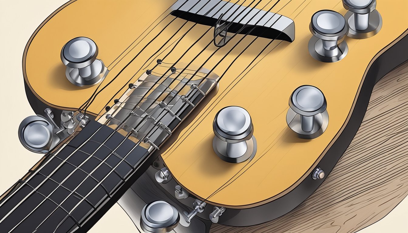 Metal wires coiled around tuning pegs on a wooden guitar headstock, stretching down to a bridge over the sound hole