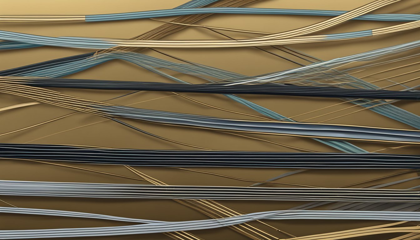 A close-up of various guitar strings made of different materials, such as steel, nylon, and bronze, with detailed textures and compositions