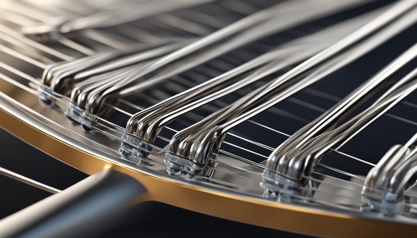 A close-up of guitar strings made of metal alloy, with a focus on the texture and shine of the material