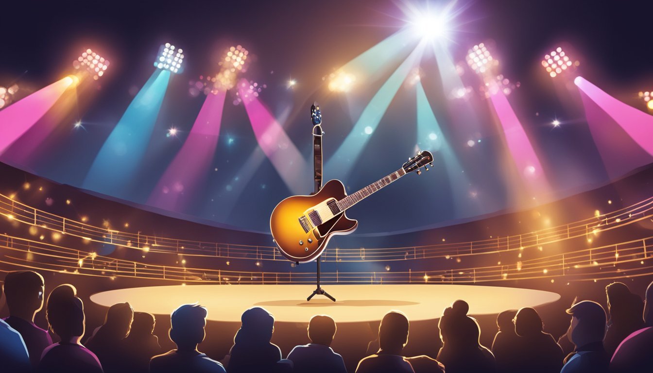 A guitar on stage at Super Bowl, spotlight shining down