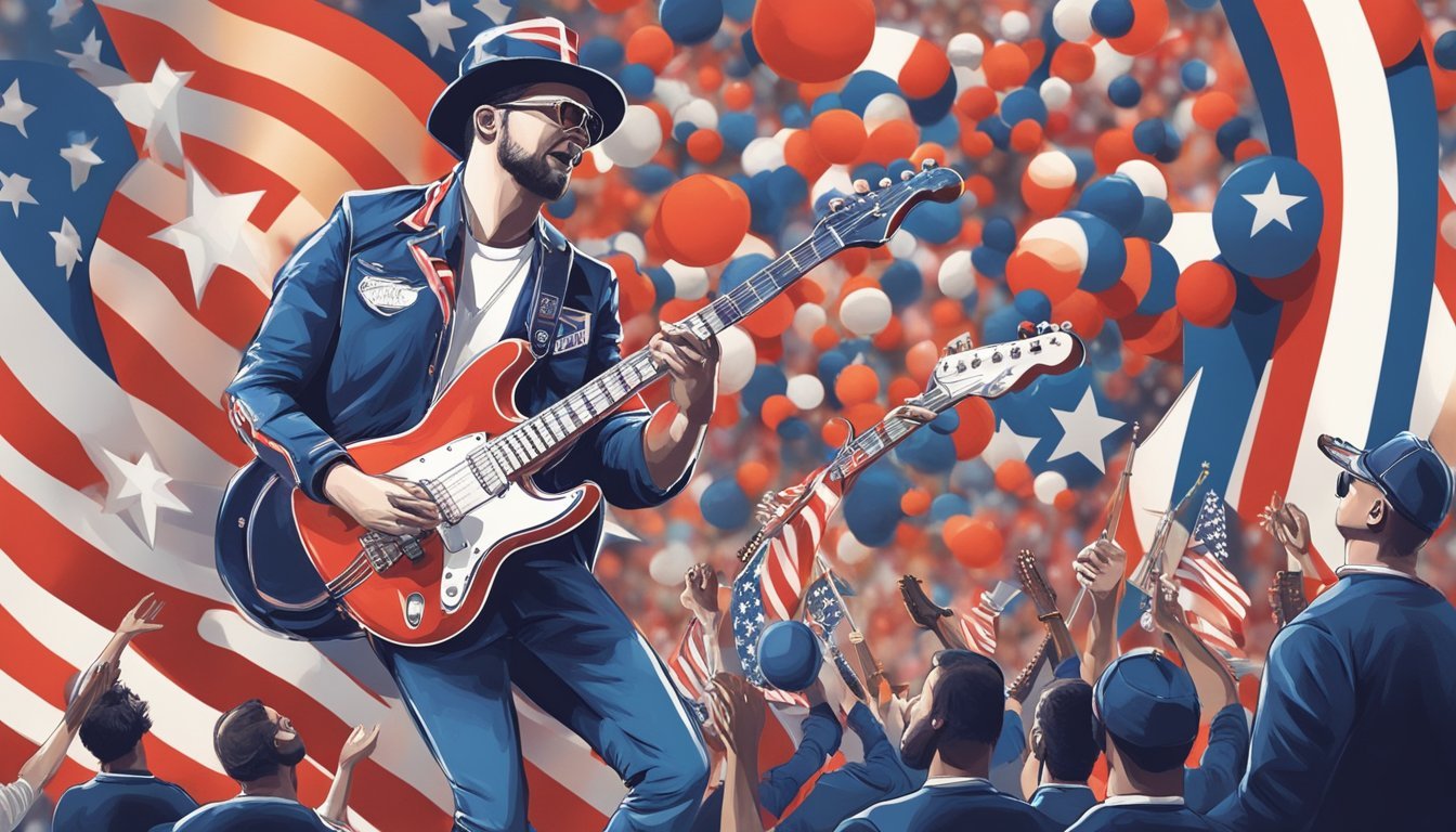 A guitarist performing on stage with patriotic imagery and symbols at the Super Bowl