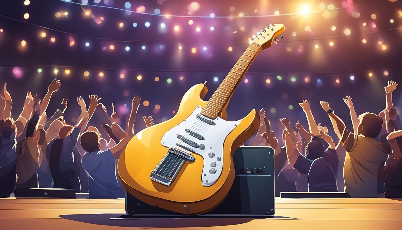 A guitar resting on a stage, surrounded by bright lights and a cheering crowd
