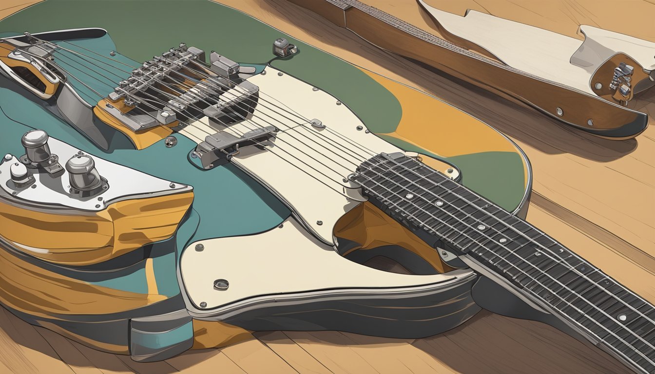 A fender guitar with vintage turners is laid out on a clean work surface, with the old strings removed and the new ones ready to be restrung