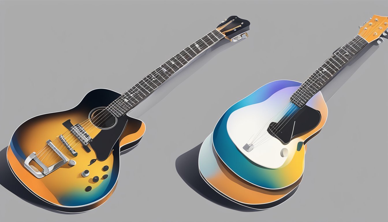 A guitar resting on a flat surface with a strap attached to the top and bottom of the instrument, ready to be lifted and worn over the shoulder