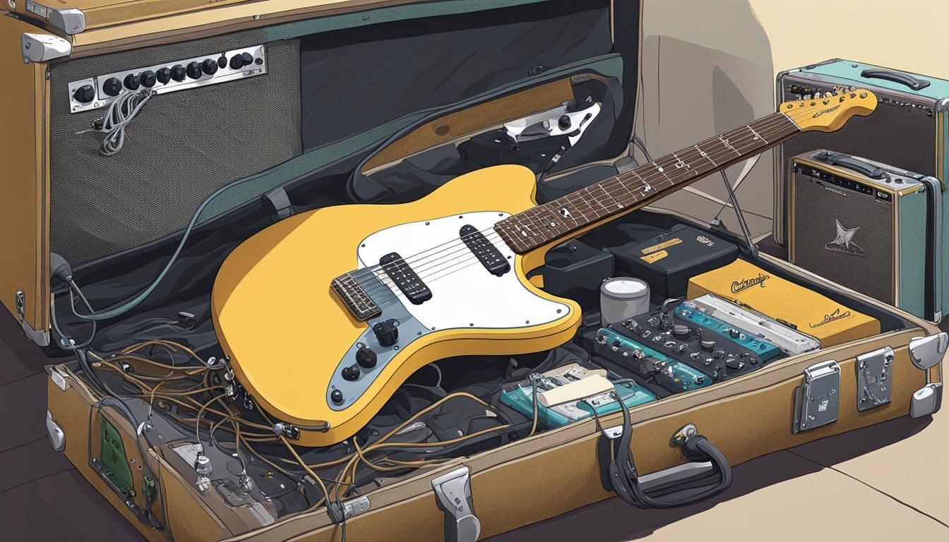 Kurt Cobain's guitar, a left-handed Fender Mustang, rests on a stage surrounded by amplifiers and recording equipment