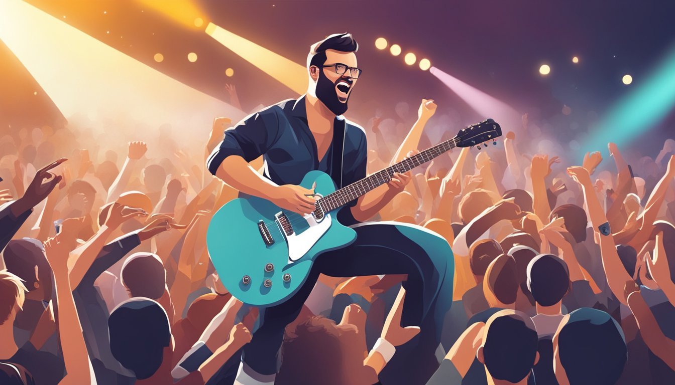 A man playing a guitar on stage with a crowd cheering